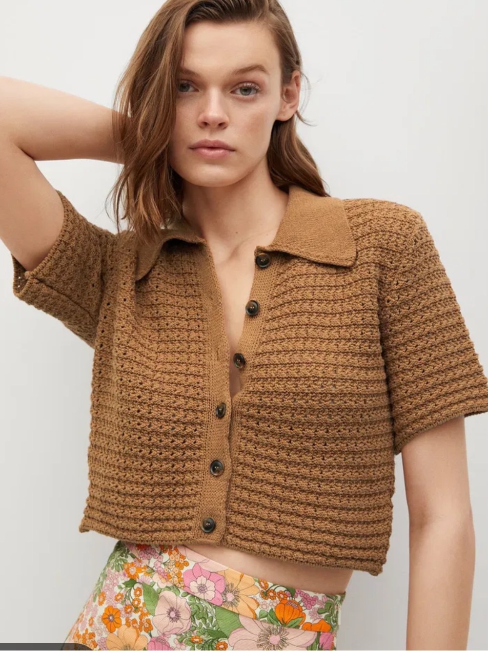 Mango Cropped Crochet Button-Up Top in Warm Camel